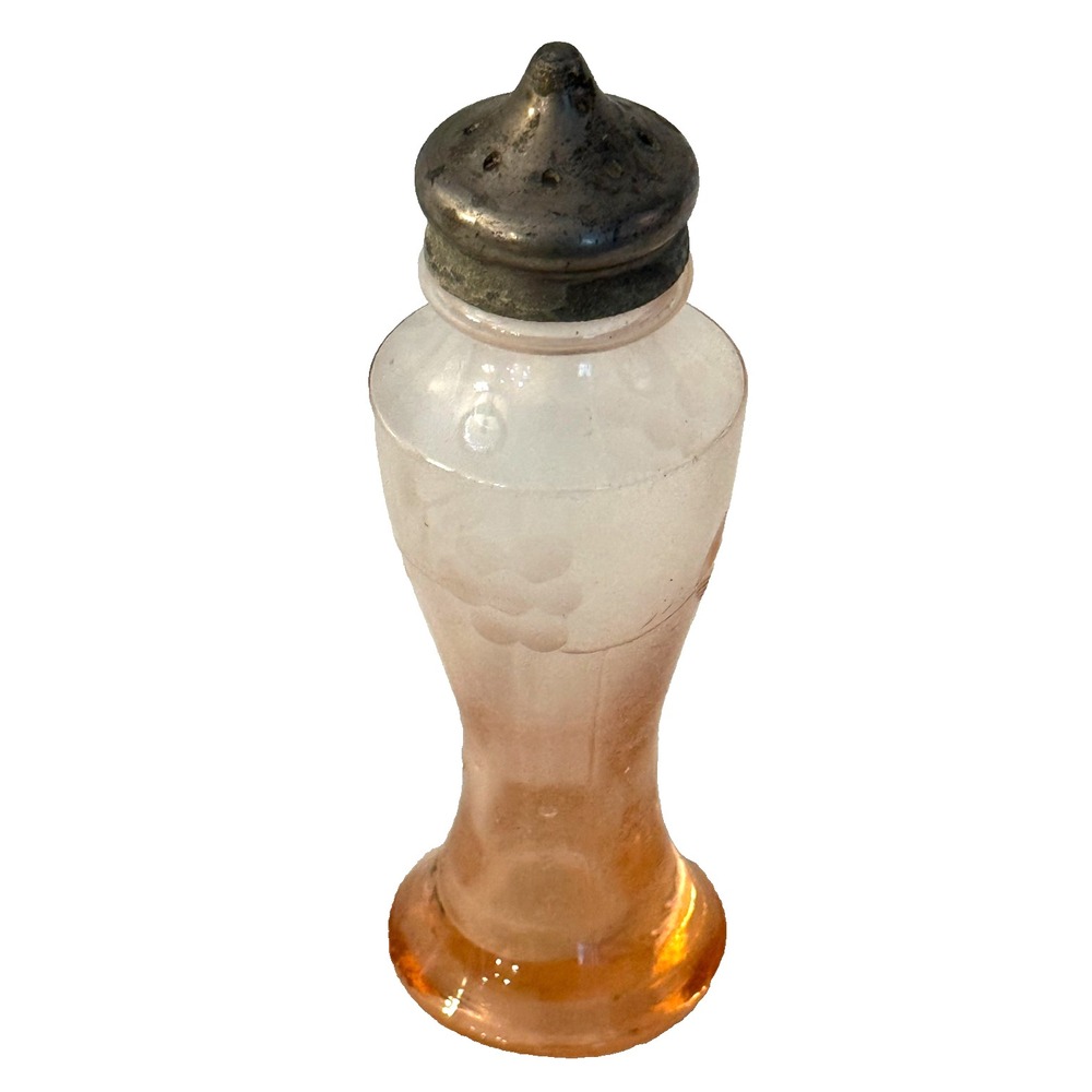 Vtg Pink Depression Glass Etched Grape Glass Salt Pepper Shaker Metal Cap